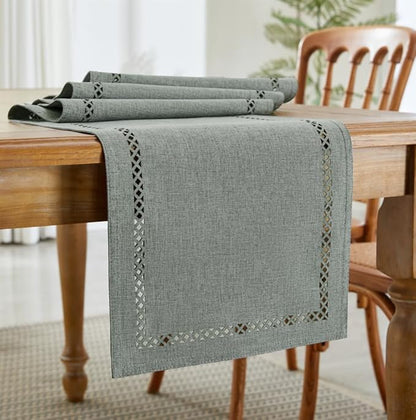 Burlap Style Farmhouse Table Runner, 13 x 48 Inch Grey, Rustic Geometric Hollow Table Runners 48 Inches Long for Dresser Table Everyday Use, 13x48 Inches, Grey