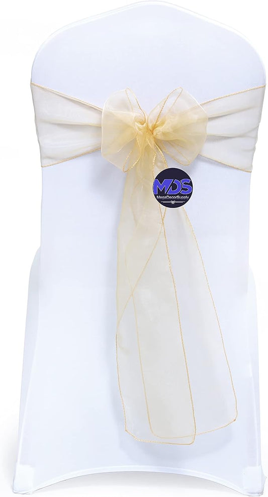 MDS Pack of 100 PCS Organza Chair Sashes Wider Dining Chair Bows Ribbon Tie Back for Wedding Party Birthday Bridal Shower Reception Event Banquet Home Chair Cover Decoration - Beige