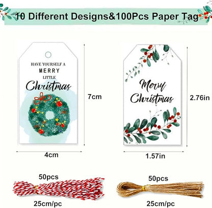100 Pack Beautiful Christmas Gift Tags， Xmas Beautiful Gift Tags with Jute Twine Baker Twine for DIY Xmas Holiday Present Wrap Stamp and Label Package Name Card