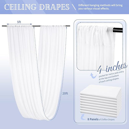 8 Panels White Ceiling Drapes for Wedding 5ftx20ft Chiffon Fabric Arch Draping Curtains for Party Ceremony Birthday Baby Shower Reception Stage Ceiling Decorations