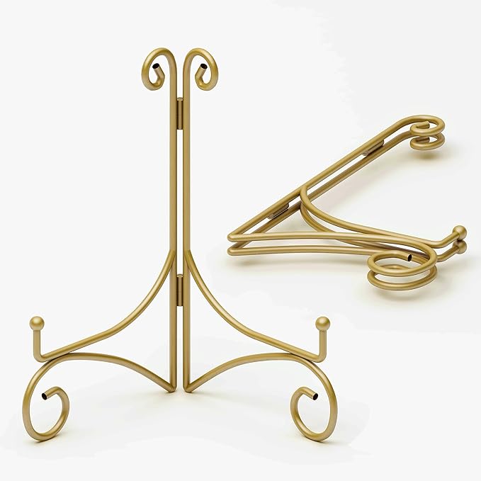 Plate Stand for Display with Hinged Folding Design, 6 Inch Picture Stands for Tables, Small Easels for Displaying Book, Art Piece, Photo and Platter, 6’’ Gold