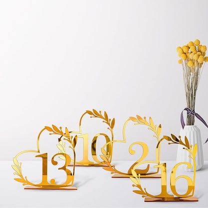 Gold Acrylic Heart-Shaped Table Numbers 1-20 for Weddings, Anniversaries, Parties, Birthdays, Events | 4.5" x 4.5"