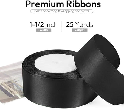 1-1/2 Inch 25 Yards Satin Ribbon Black, Solid Color Fabric Ribbon for Gift Wrapping, Wedding, Polyester Gift Ribbon for Birthday Party Decoration, Craft, Hair, Floral, Sewing
