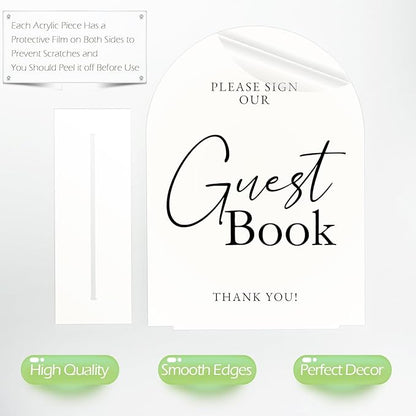 White Arch Acrylic Wedding Sign- 8"x10" Guest Book Sign and Base,1/8" Thick | Modern Calligraphy Arched Acrylic Table Sign for Wedding & Event Party