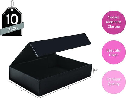 Purple Q Crafts 10 Pack Black Hard Gift Box with Magnetic Closure Lid 7" x 5" x 1.6" Rectangle Boxes For Gifts With Glossy Finish (Black, 10 Boxes)