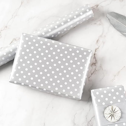 WRAPAHOLIC Reversible Wrapping Paper - Mini Roll - 17 Inch X 33 Feet - Silver Print and Polka Dot Design for Birthday, Holiday, Wedding, Baby Shower