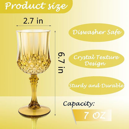 Plastic Wine Glasses，Plastic Goblets Vintage Style Cordial Drinking Glasses for Wedding Reception, Grand Event Party Supplies (24, Gold)