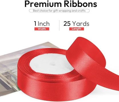1 Inch 25 Yards Red Ribbon, Red Satin Ribbon for Gift Wrapping, Christmas Tree, Wedding, Birthday Party Decoration, Craft, Hair, Floral, Sewing