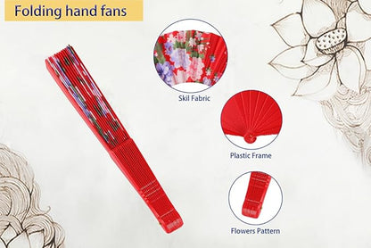 HUNANBANG 4 Pcs Oriental Flowers Japanese Folding Hand Fans Spanish Church Wedding Vintage Gift, Party Favors, DIY Decoration retro Gift Size 8 1/4" Wholesale (4pack)