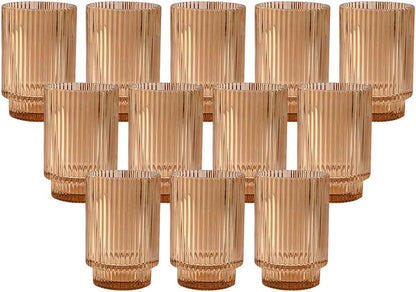 Serene Spaces Living Amber Ribbed Glass Votive Holder, Decorative Centerpiece for Wedding, Christmas, Thanksgiving, Living Room, Home Décor, Measures 3.25" Diameter and 5" Tall, Set of 24