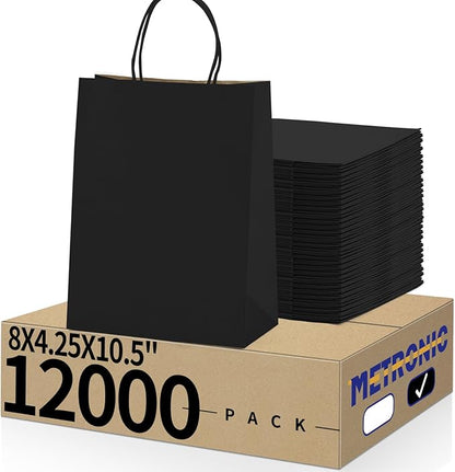 METRONIC Kraft Paper Gift Bags with Handles 8x4.75x10.5 Inch 12000 Pack | Christmas, Birthday Party Favors, Retail Shopping, Small Business Bulk | Black Gift Wrap Bag