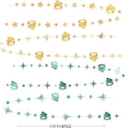 Sage Green Gold 40th Birthday Decorations Number 40 Circle Dot Twinkle Star Garland Streamer Banner Backdrop for Women Mens Cheers to 40 Years Old Birthday Happy 40th Anniversary Party Supplies