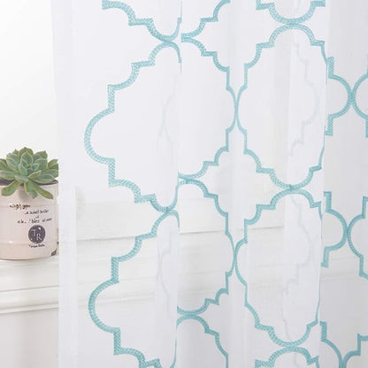 Embroidery Sheer Curtains Blue 63 Inch, Rod Pocket Voile Drapes for Living room, Bedroom, Window Treatments Moroccan Embroidery Semi Crinkle Curtain Panels for Yard, Patio, Villa, Set of 2, 52"x 63".