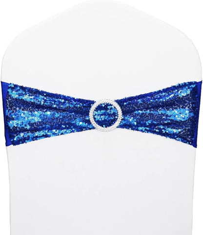 10 Pcs Chair Sashes Sequin Stretch Chair Bands Spandex Polyester Bows for Party Hotel Wedding Banquets Decoration - Royal Blue