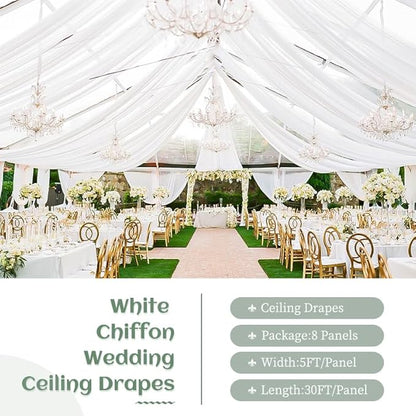 8 Panels White Wedding Ceiling Drapes 5ftx30ft Ceiling Drapes Chiffon Fabric Arch Draping Sheer Curtains Soft Drapery Draping Wedding Ceiling Decorations for Party Ceremony Stage Swag