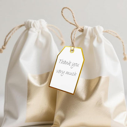 100Pcs Gold Gift Tags with String Attached Foil Gold Frame Large White Paper Gift Tags Presents with 65 Ft Jute Twine for Christmas Holiday Baby Shower Wedding Birthday Gift Wrap Tags