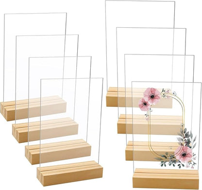 8 Pack 5 x 7 Inch Blank Clear Acrylic Table Displays with Wooden Stands - Ideal for DIY Name Cards, Menu Numbers, and Event Party Decorations（SINGLE LAYER）