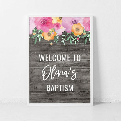 Andaz Press Personalized Extra Large Wedding Easel Board Party Sign, 12x18-inch, Pink Floral Flowers on Gray Rustic Wood, Your Text Here, 1-Pack, Custom