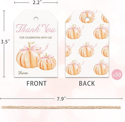 50pcs Little Pumpkin Thank You Tags, Pink Bow Fall Theme Favor Tags for Girl Coquette Baby Shower and Birthday Party Gift Wrapping Decoration (Pink Bow)