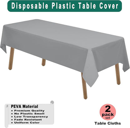 Silver Plastic Tablecloths 2 Pack Dark Gray Disposable Table Covers 54 x 108 Inch Bridal Shower Party Tablecovers PEVA Galaxy Grey Table Cloths for Picnic Birthday Wedding 8 ft Rectangle Table Use