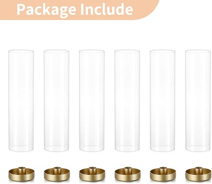 NUPTIO Hurricane Glass Candle Holders: 6 Pcs Gold Metal Taper Candlesticks Holder with 11.81 inch Long Clear Bottomless Cylinder Cover Stands for Wedding Anniversary Bridal Shower Table Centerpiece