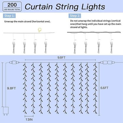 200 LED Curtain String Lights 9.8 * 6.6FT Plug in Fairy with Timer and 8 Modes, Waterproof Window Wall Lights for Bedroom Wedding Party Indoor Outdoor Christmas Decor