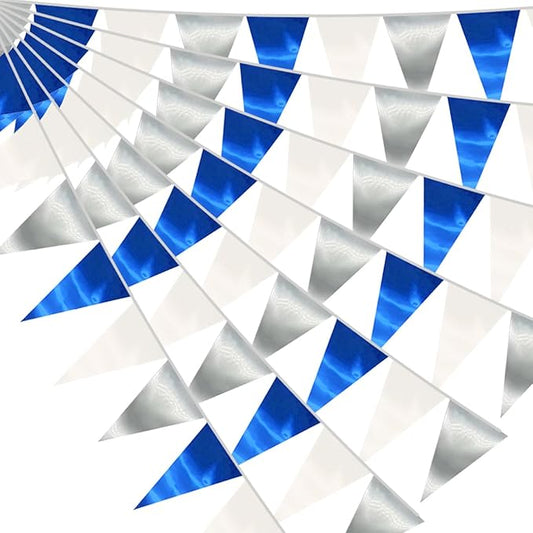 130FT Navy Blue White Silver Triangle Pennant Banner Flag Metallic Fabric Bunting Garland for Christmas Graduation Birthday Wedding Bridal Shower Nautical Ahoy Achor Theme Party Decorations Supplies