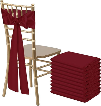 10 PCS Burgundy Satin Chair Sashes Bows Universal Chair Ribbon Ties Back Sash for Wedding Party Reception Events Banquets Hotel Event Chair Cover Decoration (7x108 inch)