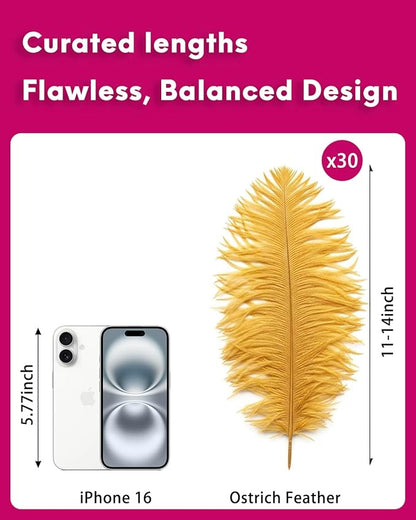 NEWONG 30pcs Gold Ostrich Feathers Natural Bulk 11-14inch(28-35cm) Vase Craft Wedding Home Party Centerpieces Christmas Day Decoration