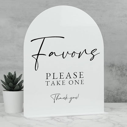 White Arch Acrylic Wedding Sign- 8"x10" Favors Sign and Base,1/8" Thick | Modern Calligraphy Arched Acrylic Favors Sign for Wedding & Party