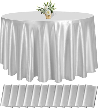 12 Pack 108 Inch Silver Satin Tablecloth - Premium Bright Silky Round Tablecloth Overlay Smooth Fabric Table Cover, Table Decoration for Wedding Party Banquet Events Restaurant Kitchen Dining