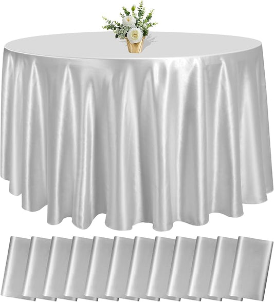 12 Pack 108 Inch Silver Satin Tablecloth - Premium Bright Silky Round Tablecloth Overlay Smooth Fabric Table Cover, Table Decoration for Wedding Party Banquet Events Restaurant Kitchen Dining