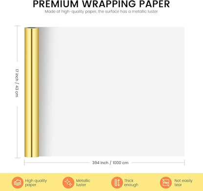 KMER LIFE Metallic Wrapping Roll (Gold) - 17 x 394 Inch, Premium Gift Wrapping for Birthday, Wedding, Christmas, Parties