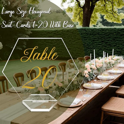 OurWarm Large Acrylic Wedding Table Numbers 1-20, Gold Printed Calligraphy Place Cards with Stand, Hexagon Multi-functional Clear Acrylic Sign and Holder, Ideal for Wedding Reception Events