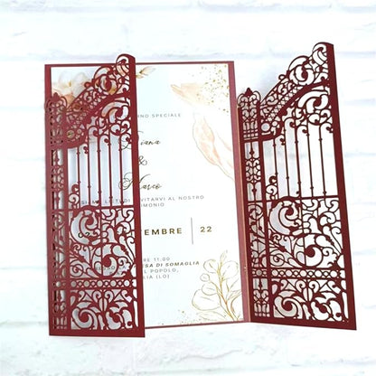 MillaSaw Burgundy Fence Laser Cut Wedding Invitation Card For Marriage Valentine Birthday Party 25 Sets (burgundy, 4.9"x7.1")