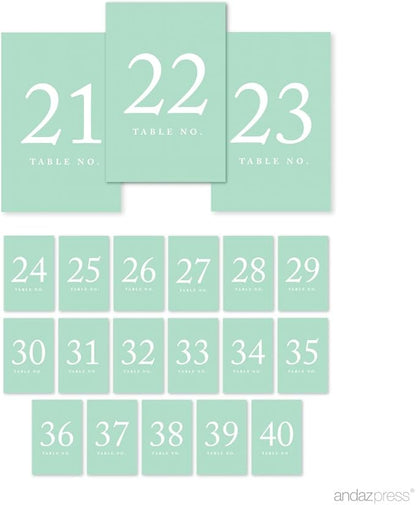 Andaz Press Mint Green Wedding Table Numbers 21-40, 4x6-Inches Table Number Cards For Wedding Reception Table Number For Seating Chart For Wedding Reception, Restaurant, Classroom, Boda