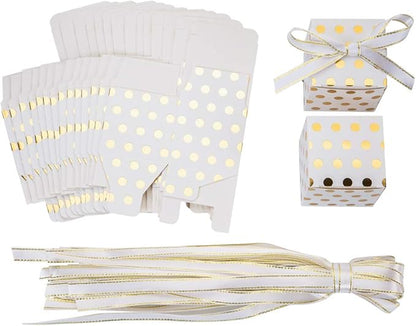 AWELL White Gift Candy Box Bulk with Gold Dots 2x2x2 inches with Ribbon Party Favor Box, Gold Dots, Pack of 50