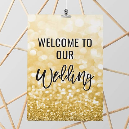 Andaz Press Extra Large Wedding Easel Board Party Sign, 12x18-inch, Glitzy Faux Gold Glitter, Welcome to Our Wedding, 1-Pack
