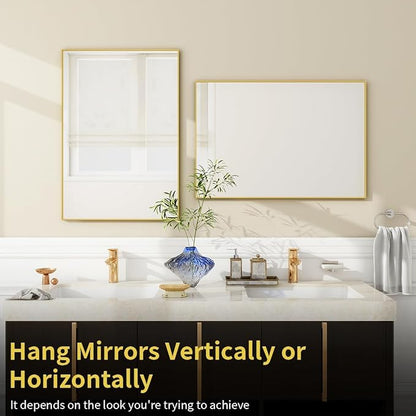 BEAUTYPEAK Gold Bathroom Wall Mirror - 24" x 36" Rectangular Mirror with Metal Frame, Hangs Horizontal or Vertical for Living Room Bedroom Bathroom Entryway