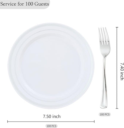 200pcs Silver Dessert Plates with Forks for 100 Guests-100pcs 7.5" Disposable Silver and White Small Plates with 100pcs 7.4" Forks-Cake/Appetizer/Salad Plate for Wedding,Birthday,Party