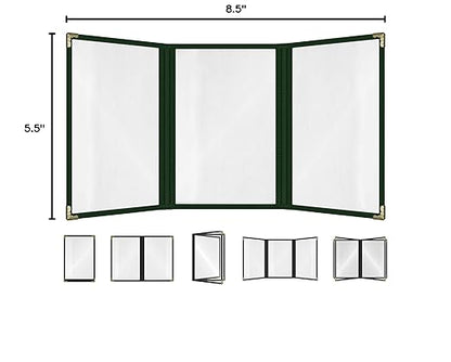 Goodsmart Restaurant Menu Covers – 25 Pack Green 6-View Trifold 5.5" x 8.5", Side-Loading Vinyl & Plastic Menu Holders, Clear Menu Sleeves, Leather-Style Café Covers with Gold Corners