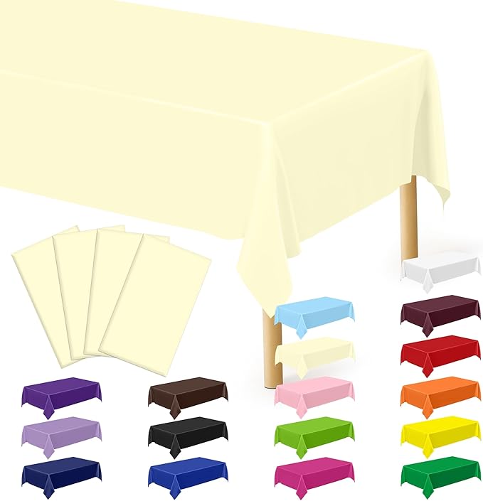 QZYL 4 PCS Picnic Table Cover, 54 x 108 Inches Plastic Disposable Tablecloth, Ivory Smooth Rectangle Tablecloth, Indoor or Outdoor Parties Birthdays Wedding Decor, Leakproof and Waterproof