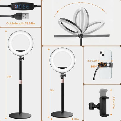 MACTREM 10“ Desk Ring Light with Stand, Desktop LED Circle Halo Light with Phone Holder for Computer Zoom Meeting, Laptop Light for Conference Video Calls, Live Streaming, Podcast, Selfie, Makeup