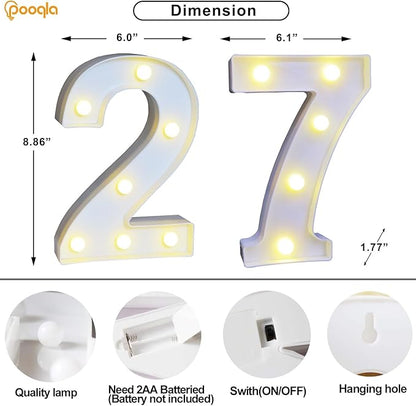 Pooqla Decorative LED Light Up Number Letters, White Plastic Marquee Number Lights Sign for Wedding Decor, Battery Operated (27)