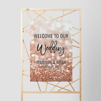 Andaz Press Personalized Extra Large Wedding Easel Board Party Sign, 12x18-inch, Glitzy Faux Rose Gold Glitter, Welcome to Our Wedding Bride Groom Name Date, 1-Pack, Custom