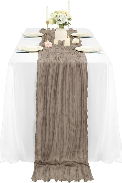 12Pcs Khaki Cheesecloth Table Runner 120 Inch10FT Nude Rustic Boho Cheesecloth Table Runnerfor Wedding Party Baby Shower Birthday Home Decor Holiday Decorations