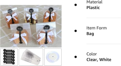 Cookie Bags for Packaging, Searik Translucent Plastic Cellophane Pastry Treat Bags for Party Gift Giving Bakery Bread Candy Chocolate Wrapping Goods with Stickers and Ribbon (3.5 x 8.8 Inches, 80 Pcs)