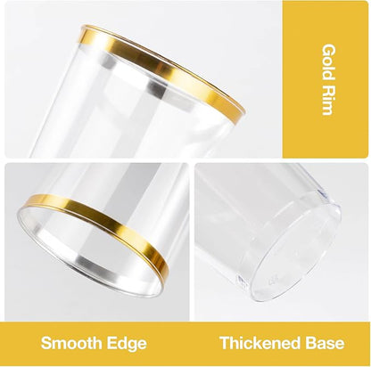 Goodluck 50PCS 14oz Gold Plastic Cups for Party, Disposable Gold Rim Cups, Plastic Cocktail Glasses for Wedding Thanksgiving, Christmas, and Parties