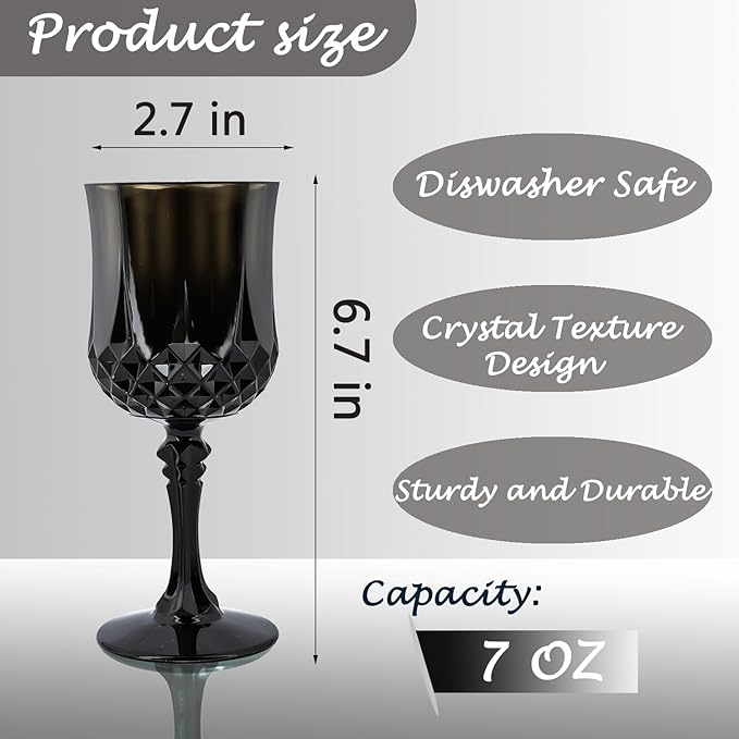 Plastic Wine Glasses，Plastic Goblets Vintage Style Cordial Drinking Glasses for Wedding Reception, Halloween Grand Event Party Supplies (48, Black)