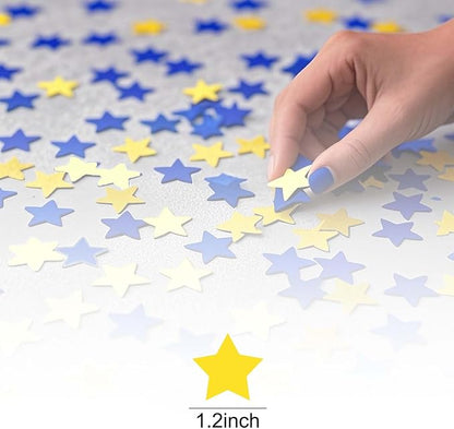 Blue Yellow and Gold Glitter Star Confetti for Party and Tables Decoration,Eid Ramadan Festival Theme Retirement Baby Shower Birthday Wedding Graduation Party,1.2inch in Diameter,200pc